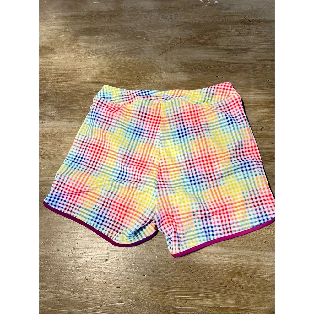 NEW‎ Lands End Girls XL 14-16 Slim Rainbow Gingham Curved Hem Swim Shorts NEW